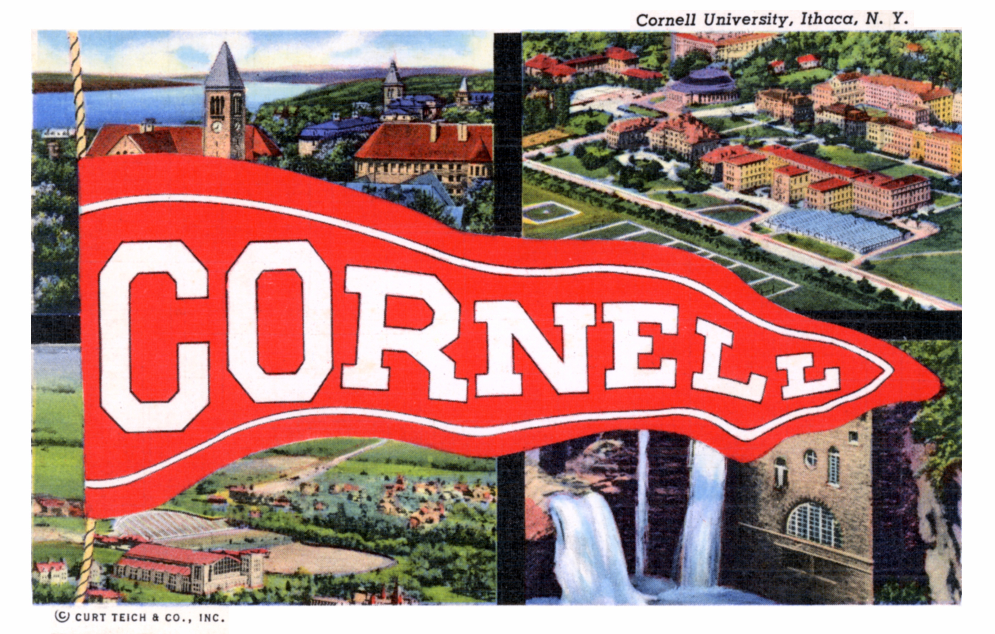 A vintage postcard collage showing Cornell University scenes and a large red Cornell pennant.