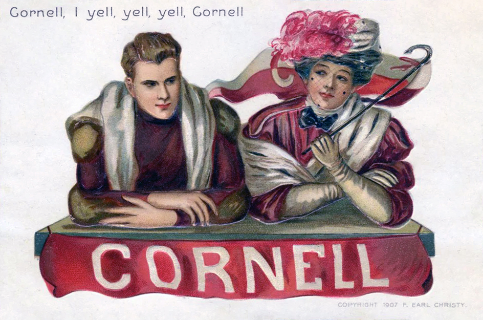 A vintage illustrated postcard showing two Cornell students above a Cornell banner.