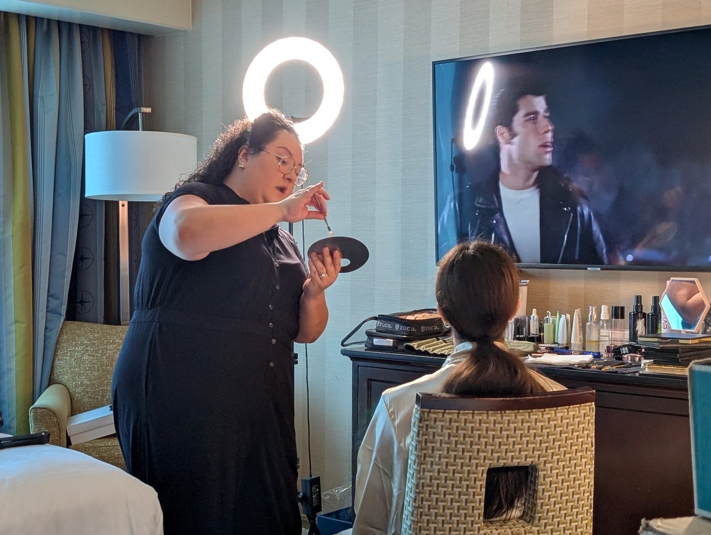 Makeup preparation in a Disneyland Hotel room.