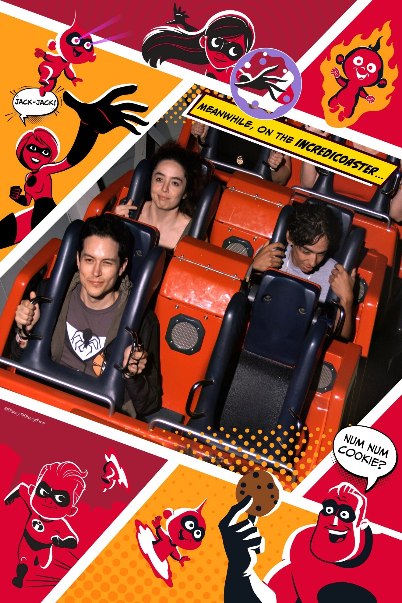 Incredicoaster ride photo with a guest posing.