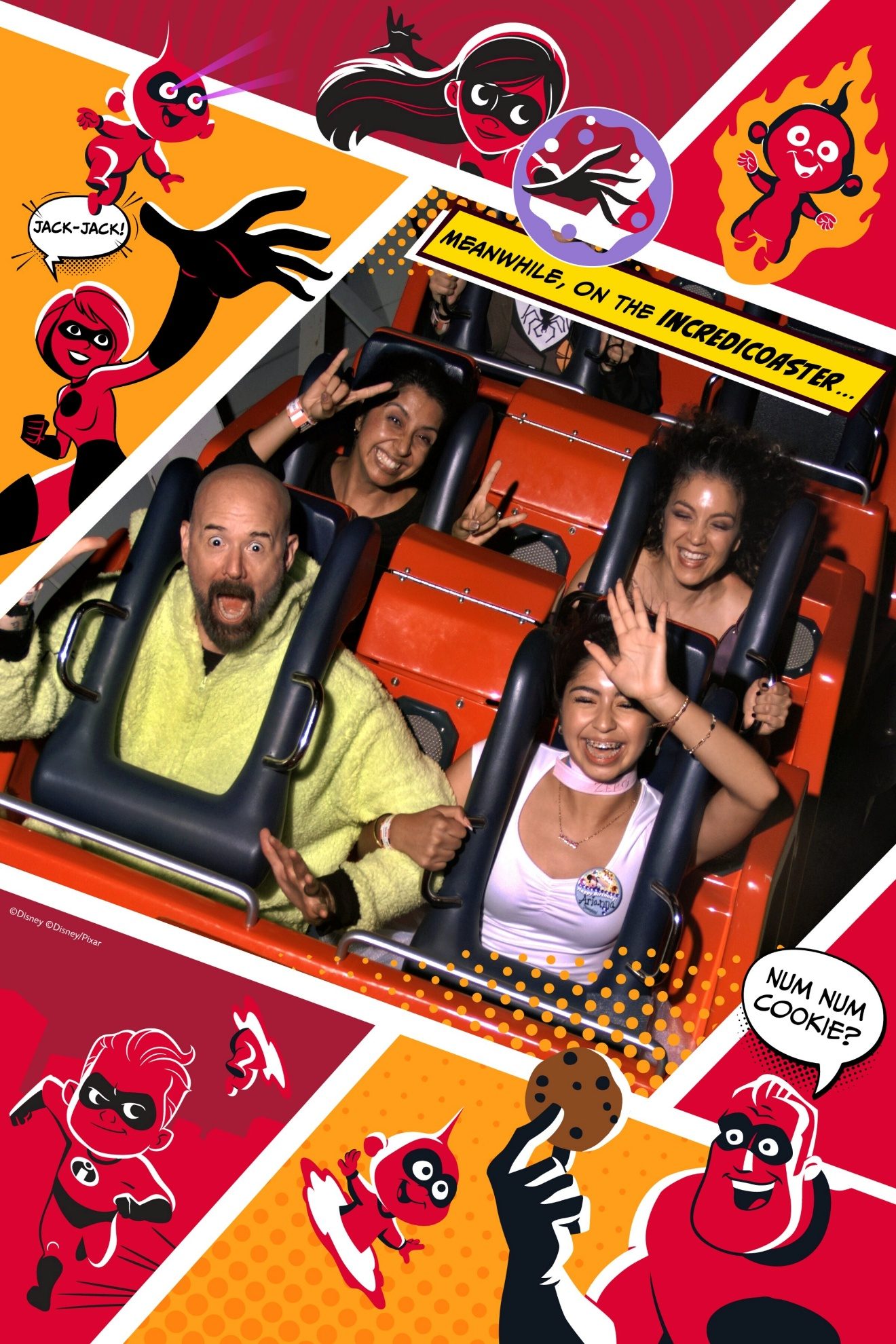 Incredicoaster ride photo with two guests.