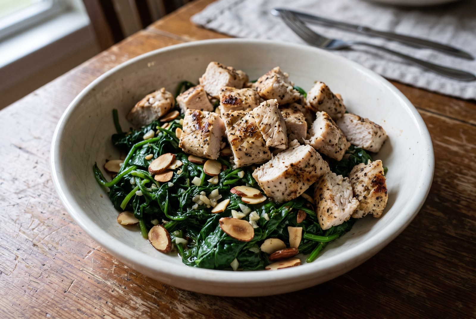Big Bold grilled chicken over garlic-lemon spinach with toasted sliced almonds in a white bowl
