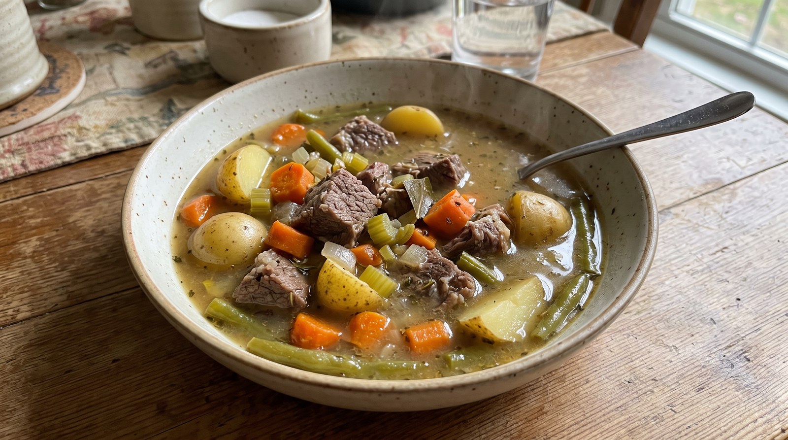 Crockpot beef and vegetable stew with chuck roast, baby potatoes, carrots, celery, and green beans in broth