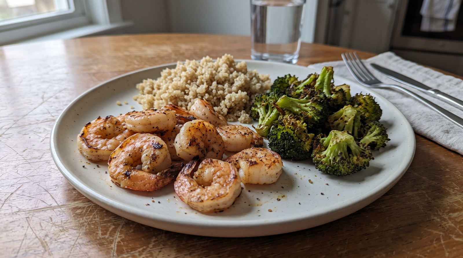Garlic-lemon shrimp with quinoa and roasted broccoli on a white plate