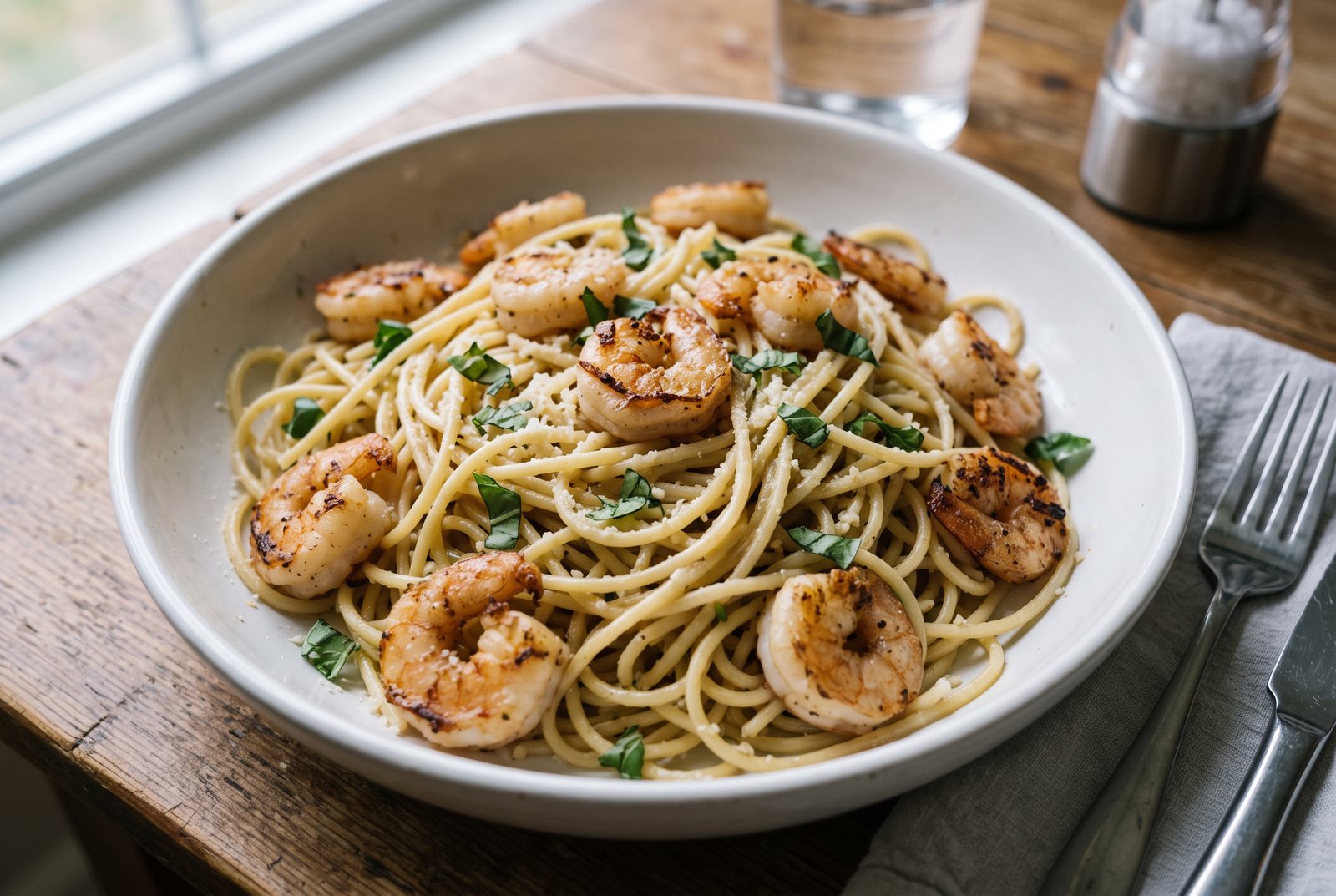 Garlic lemon shrimp and basil protein pasta in a white bowl