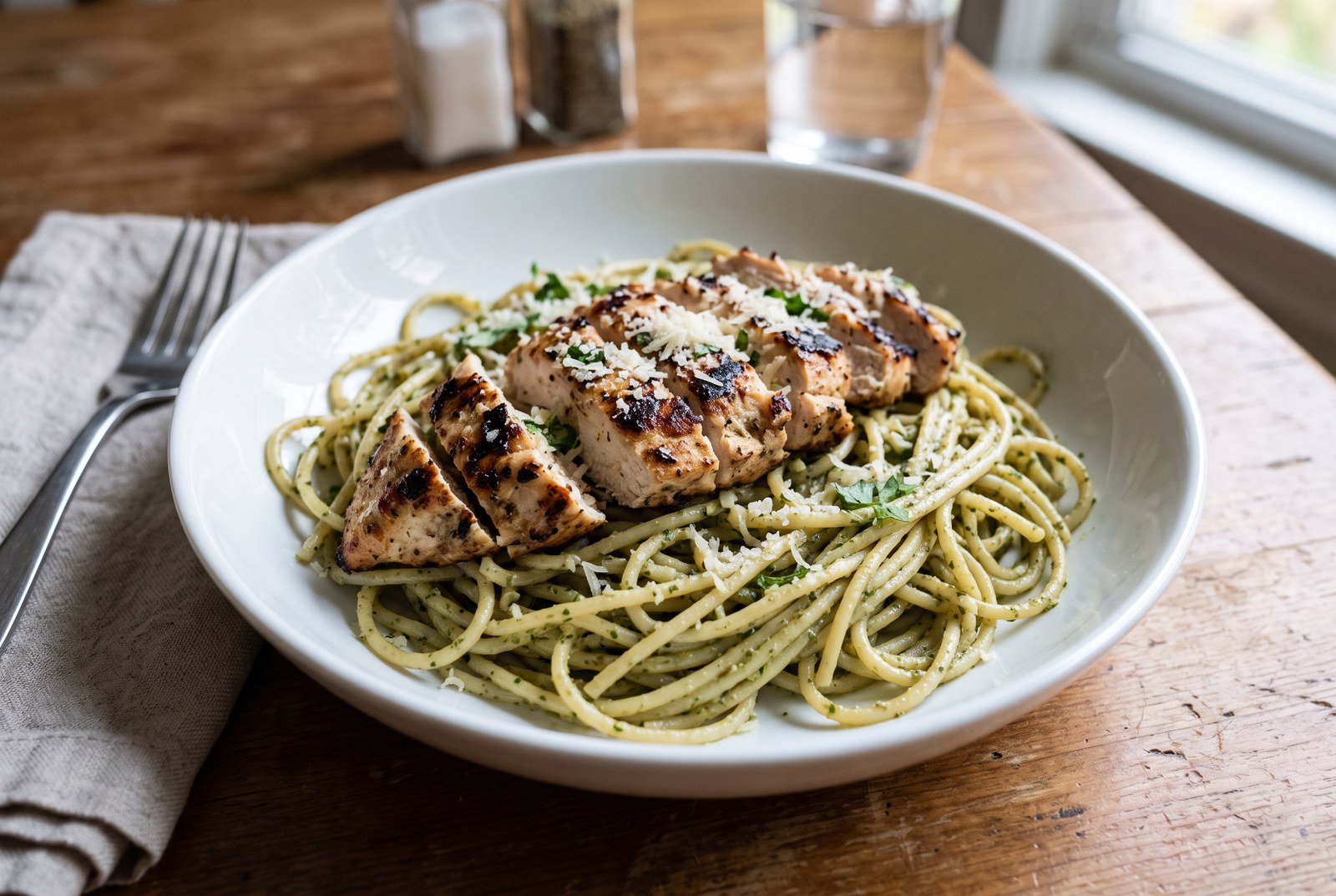 Grilled chicken with homemade cilantro-basil pesto protein pasta in a white bowl