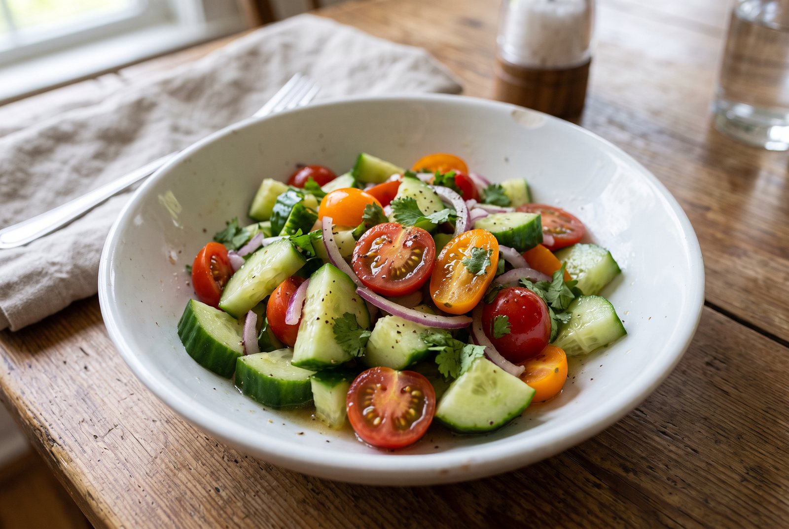 Lemon cucumber tomato salad with red onion, cilantro and black pepper in a white bowl