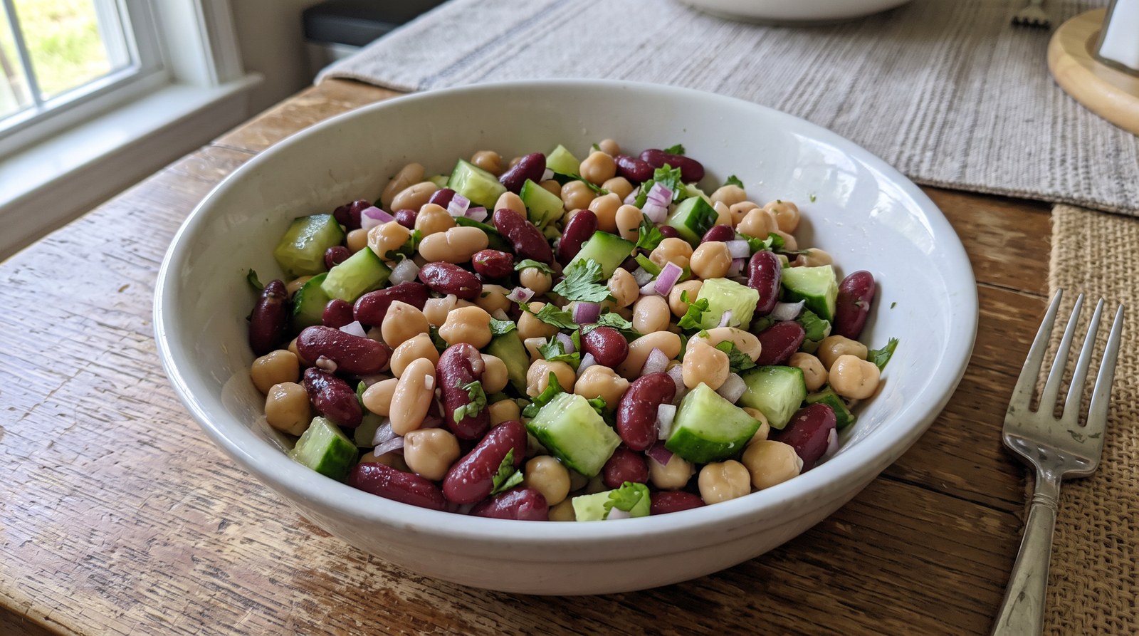 Three-bean salad with cucumber, red onion and cilantro in a white bowl