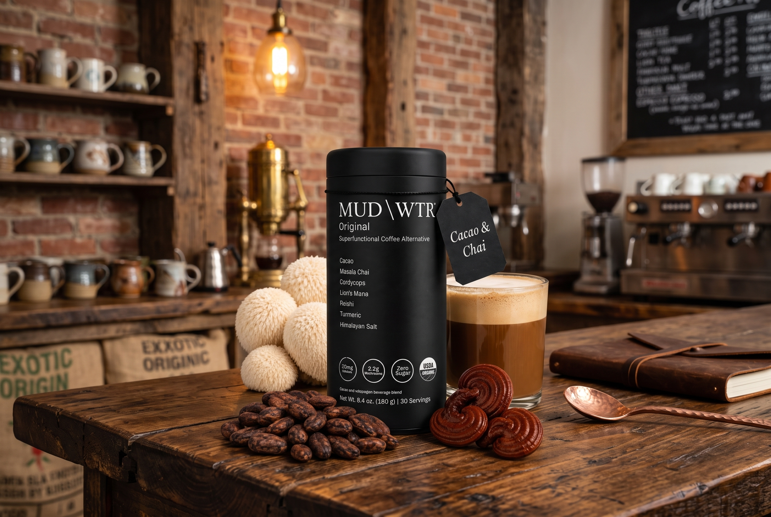 MUD/WTR Original cacao and chai container with a prepared drink on a coffee shop counter.