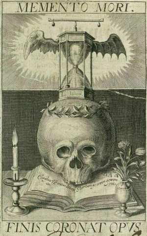 A memento mori engraving with a skull, hourglass, candle, and flowers.