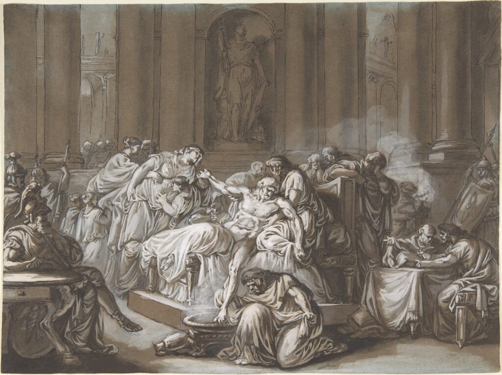 A historical drawing of Seneca surrounded by attendants during his final moments.