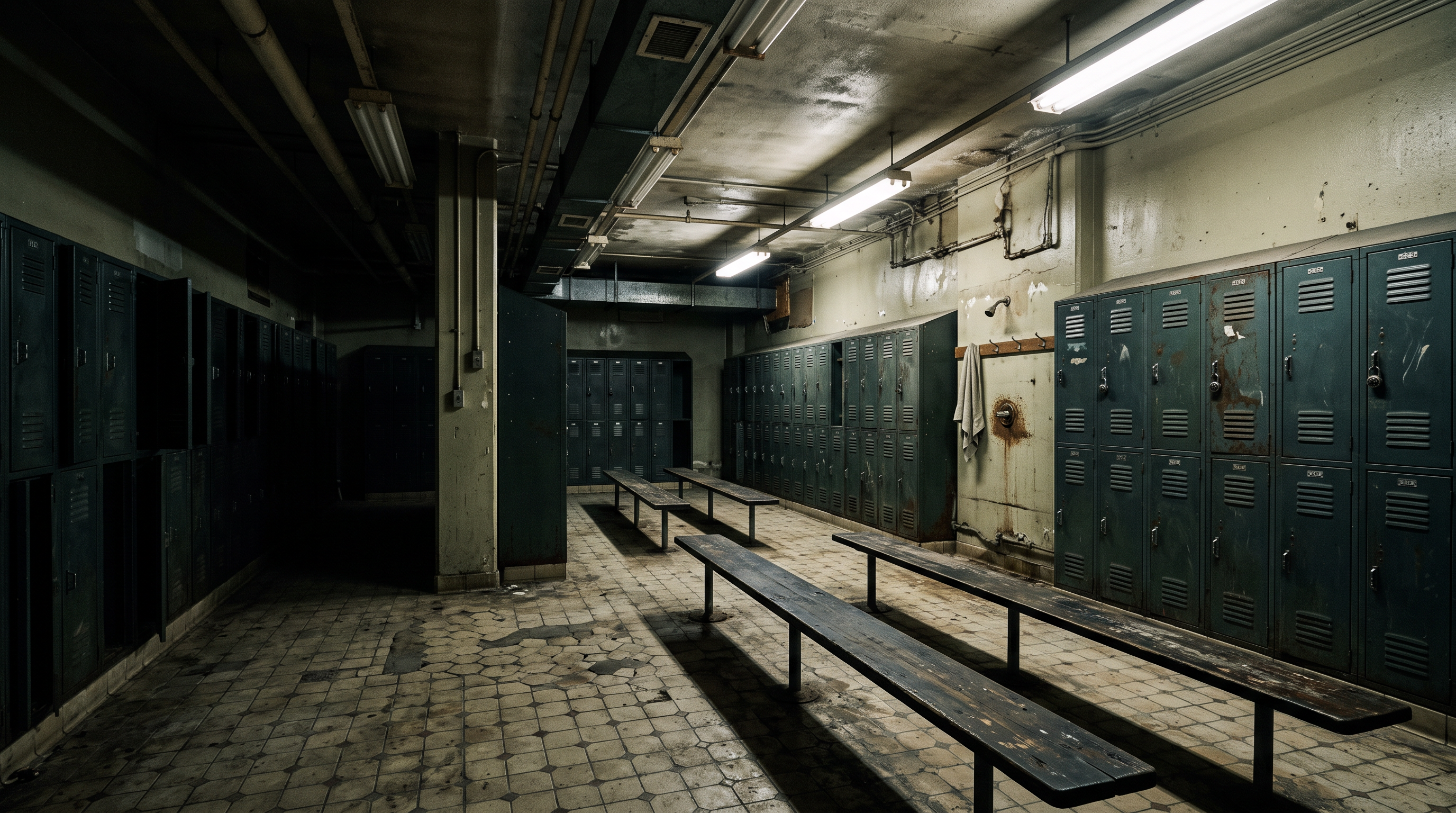 An empty worn locker room with old lockers and benches under fluorescent lights.