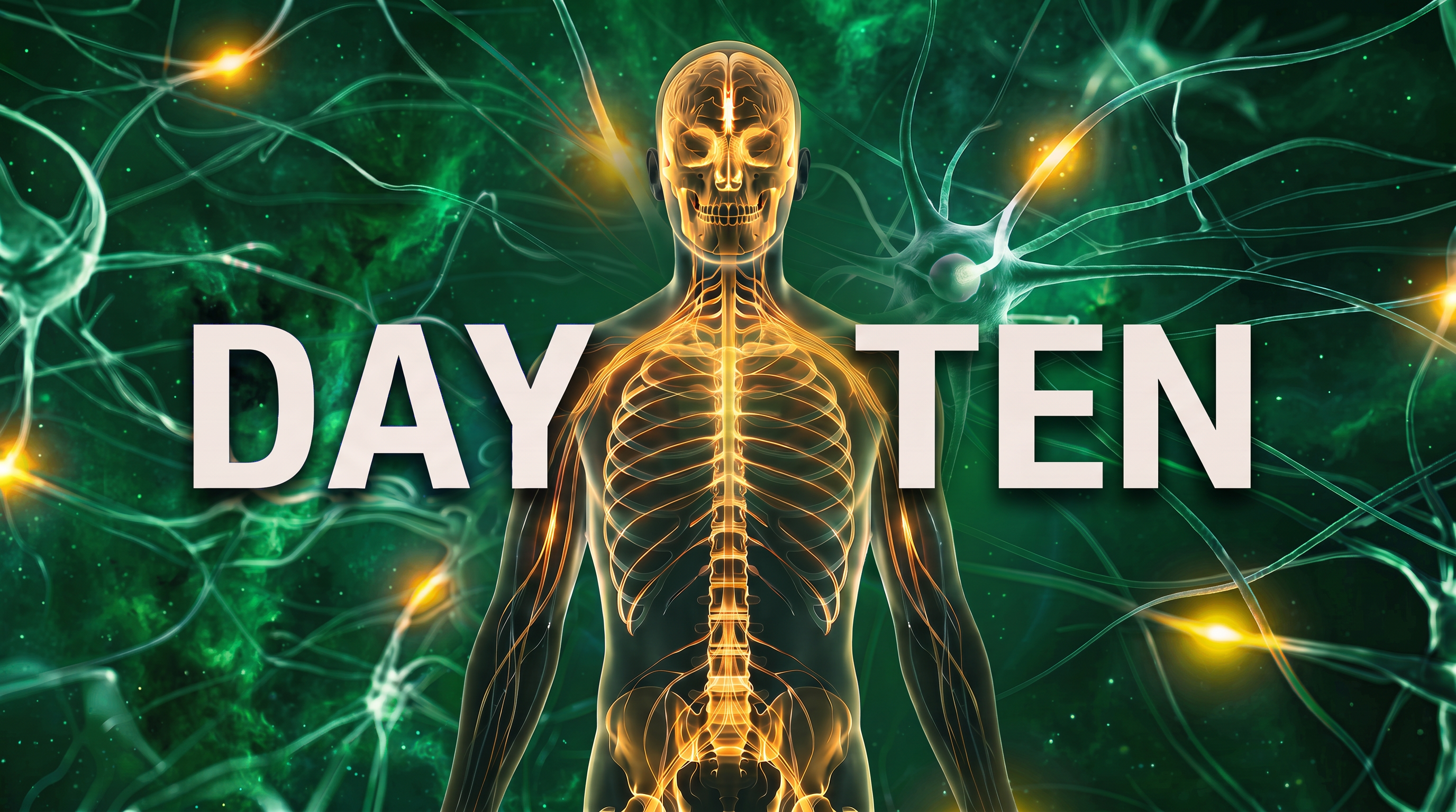 A green and gold nervous system illustration with the words Day Ten.