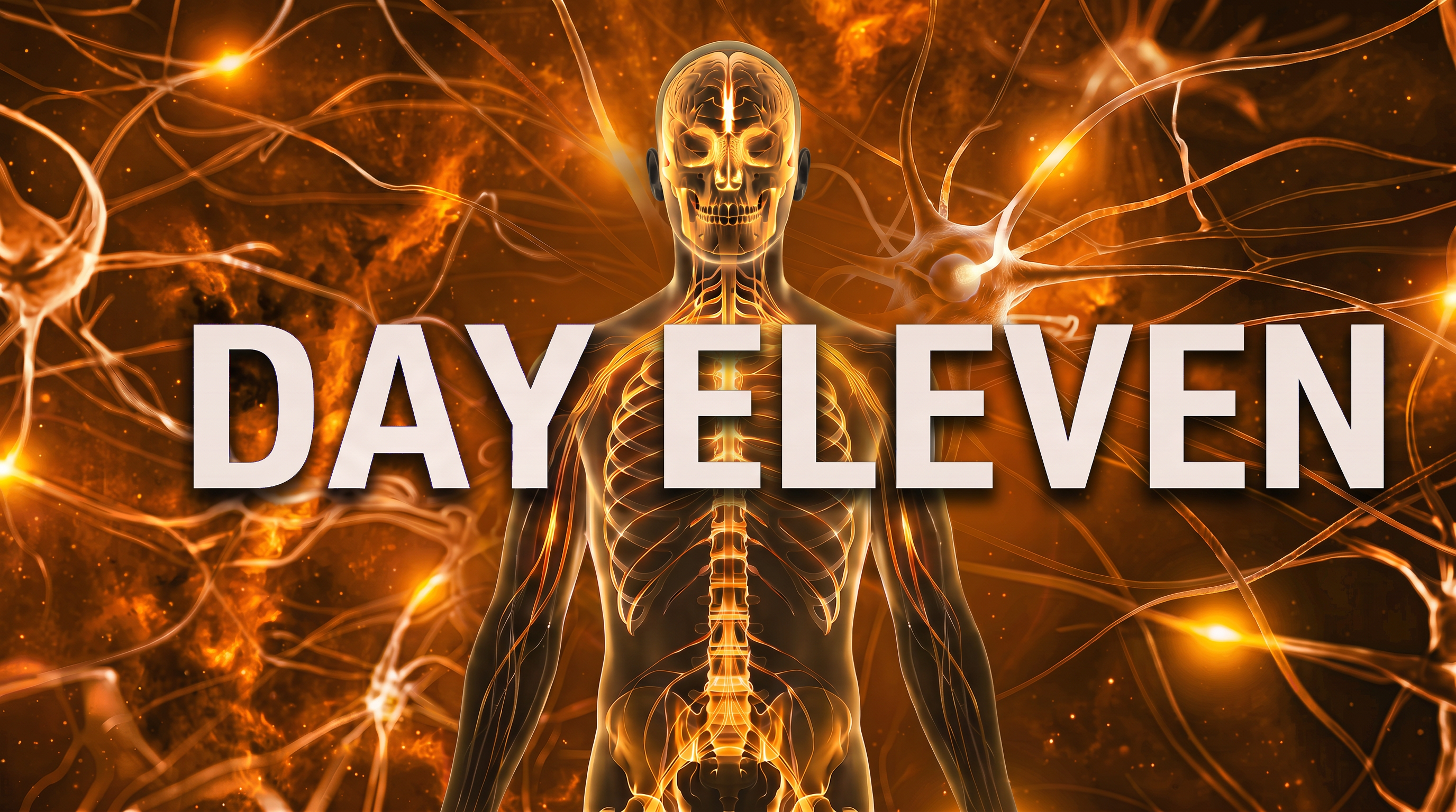 An orange and gold nervous system illustration with the words Day Eleven.