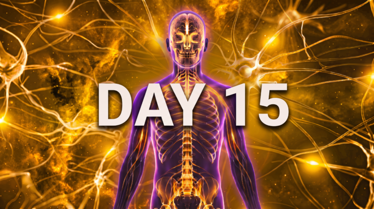 A purple and gold nervous system figure against a gold background with the words Day 15.