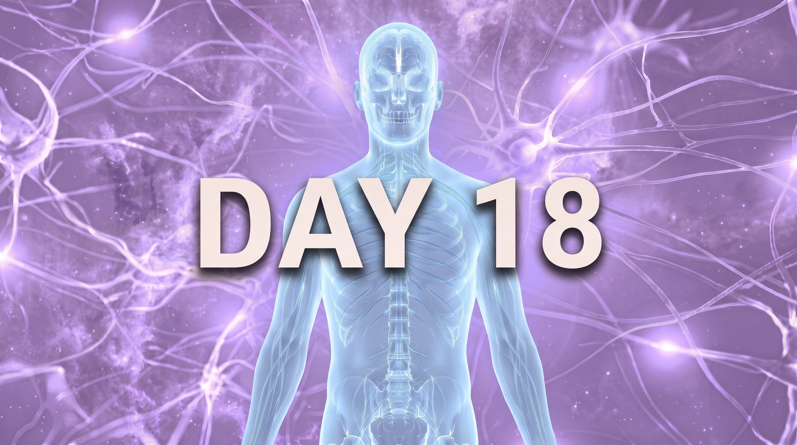 A pale blue nervous system figure against a lavender background with the words Day 18.