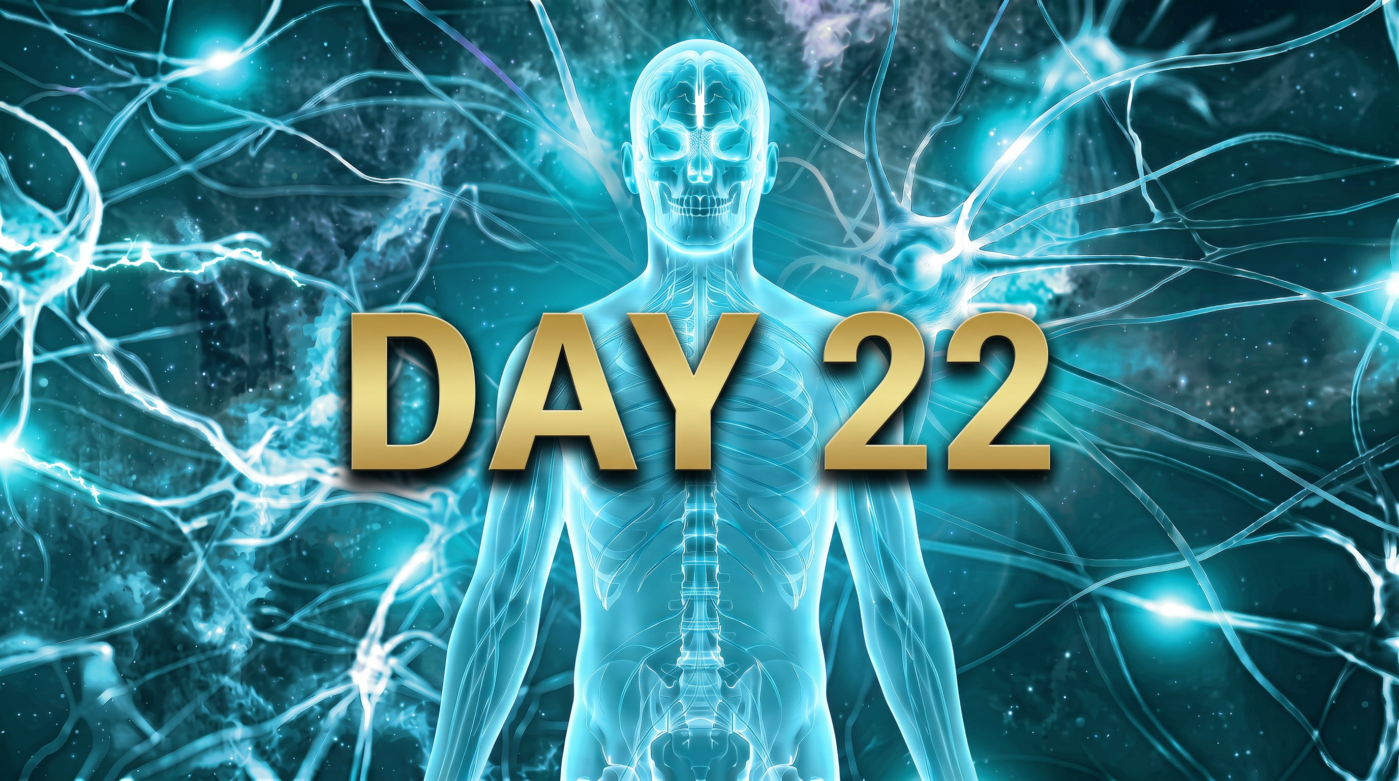 A blue nervous system figure with gold lettering reading Day 22.