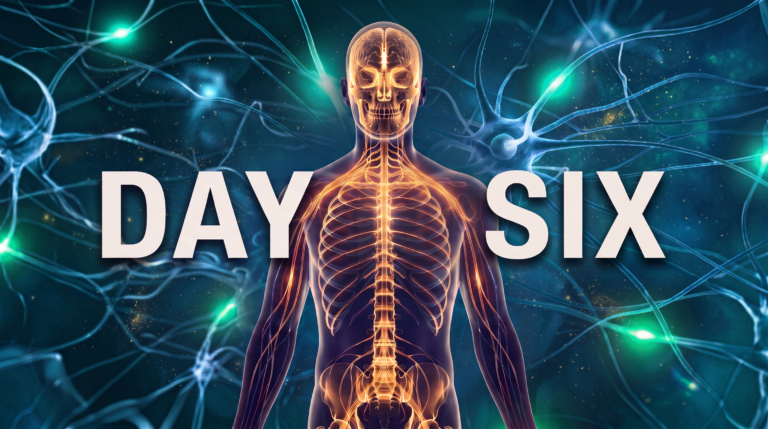 A dark nervous system illustration with the words Day Six.
