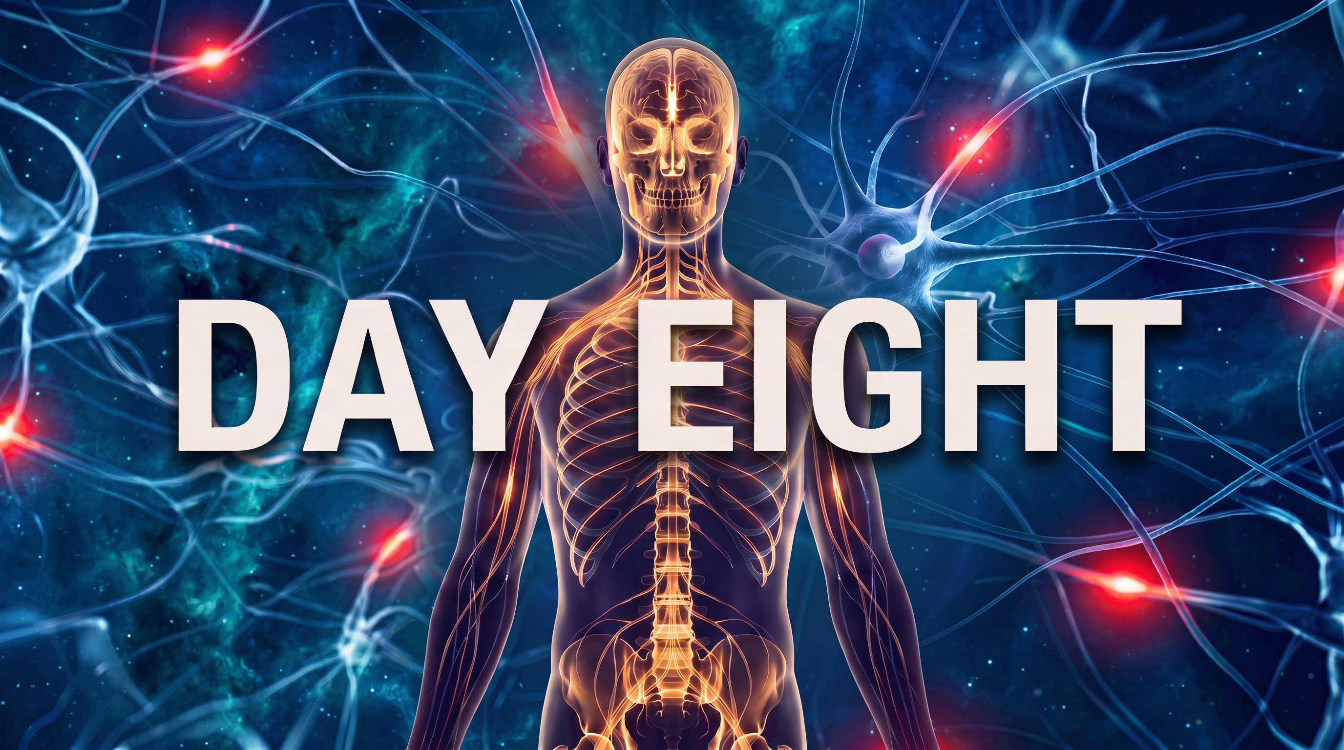 A dark nervous system illustration with the words Day Eight.